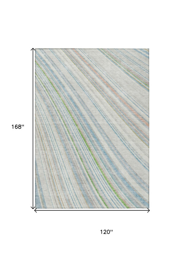 HomeRoots 5' Striped Indoor Outdoor Area Rug in Ivory, Blue, and Green - Durable, Washable, Stylish Design 10' X 14' 614994