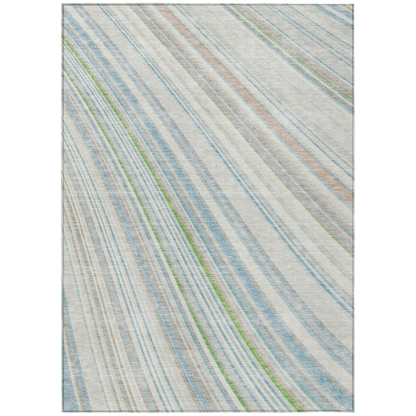 HomeRoots 5' Striped Indoor Outdoor Area Rug in Ivory, Blue, and Green - Durable, Washable, Stylish Design 10' X 14' 614994