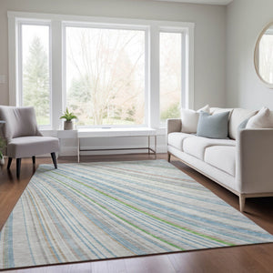 HomeRoots 5' Striped Indoor Outdoor Area Rug in Ivory, Blue, and Green - Durable, Washable, Stylish Design 10' X 14' 614994