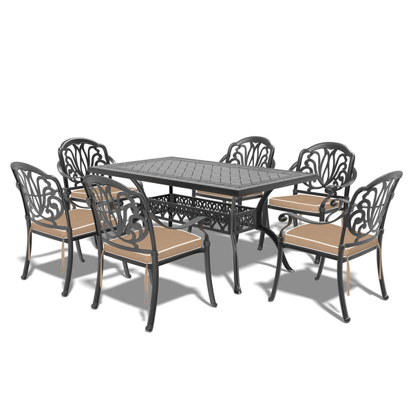 English Elm 7-Piece Cast Aluminum Patio Dining Set With Brown Cushions For 6 – Stylish, Durable & Easy Care! W1710S00490