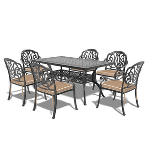 English Elm 7-piece Cast Aluminum Outdoor Dining Set Ornate Patterned Frames with Weather Resistant Cushions W1710S00575