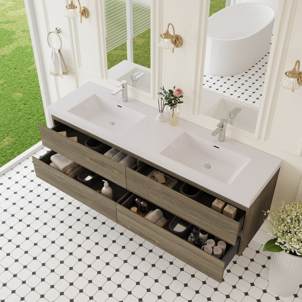 English Elm 72'' Floating Double Vanity Smoked Walnut Fluted Mdf Cabinet with Quartz Basins W1920P385506