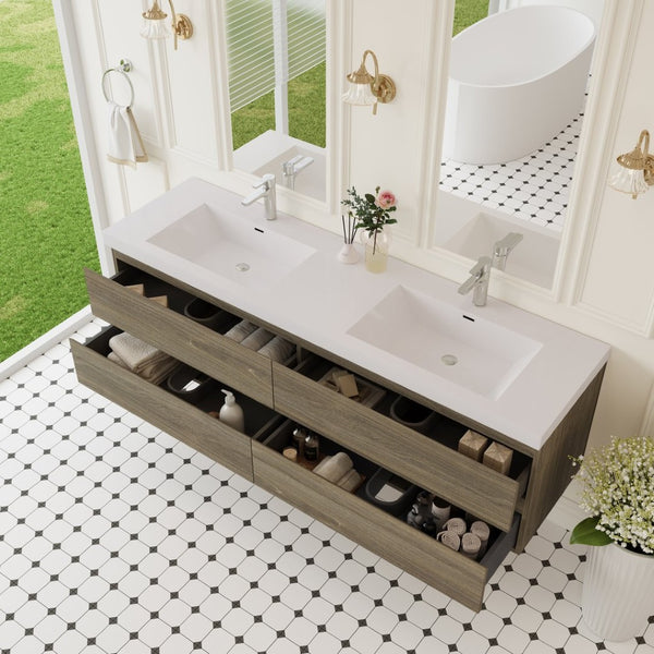English Elm 72'' Floating Double Vanity Smoked Walnut Fluted Mdf Cabinet with Quartz Basins W1920P385506