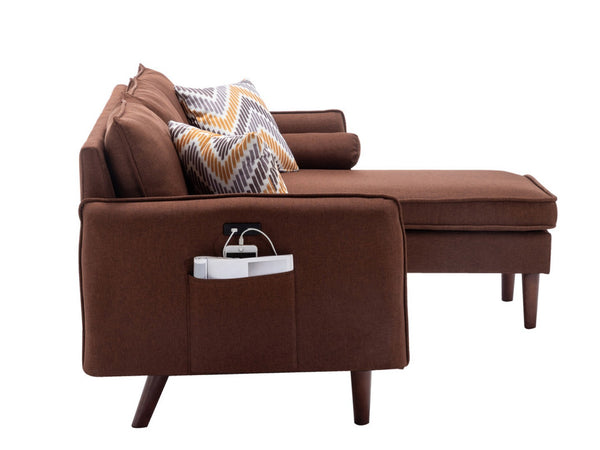 English Elm Mirella Mid-century Sectional with Reversible Chaise Usb Charging and Storage Pouches Brown B2749P413374