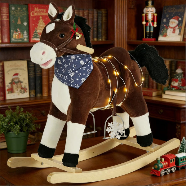 English Elm Ride-on Cowboy Rocking Horse with Plush Body Realistic Sounds and Wooden Base T3971P442347