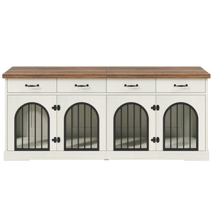 English Elm 70.8" Dual Dog Kennel Console Mdf Cabinet with Arched Iron Doors and Four Drawers N704G201616A