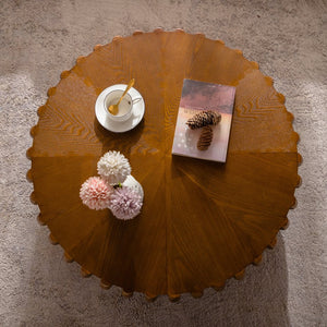 English Elm Drum Fluted Round Coffee Table - Mid-Century Modern Design For Living Room & Bedroom, Fully Assembled! W3158P355087