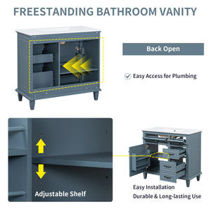 English Elm 36 Inch Bathroom Vanity With Ceramic Sink, Adjustable Shelf, Stylish Storage, Modern Blue Finish N725P336554C