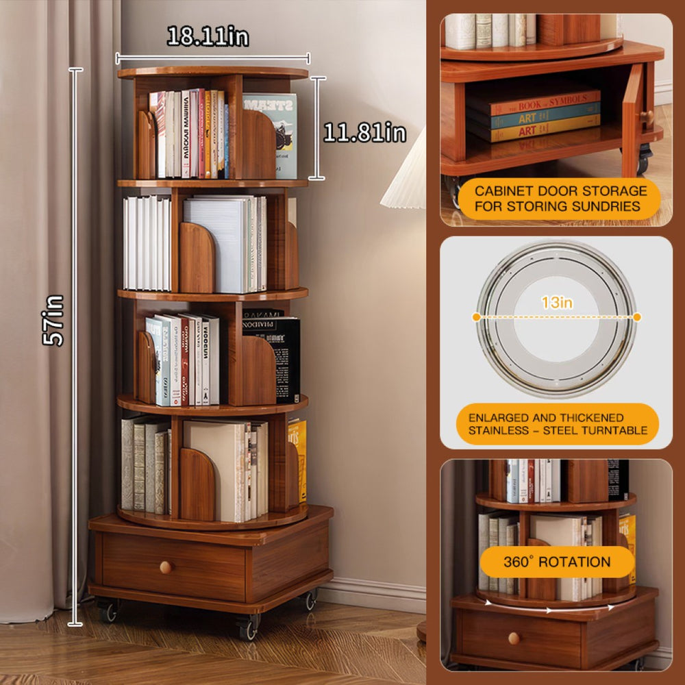 English Elm Rotating 5-Tier Corner Bookshelf With Drawer - 360° Swivel Space-Saving Rack For Modern Living Spaces W2641P329214-GIGA