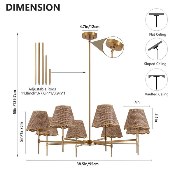English Elm Gold Rattan Chandelier 8 Light Boho Woven Pendant Farmhouse Dining Room Fixture W1340P461534