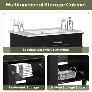 English Elm 30-inch bathroom vanity with ceramic basin, solid wood frame, soft-close doors and adjustable shelves for organized style and lasting durability Black N729P173380B