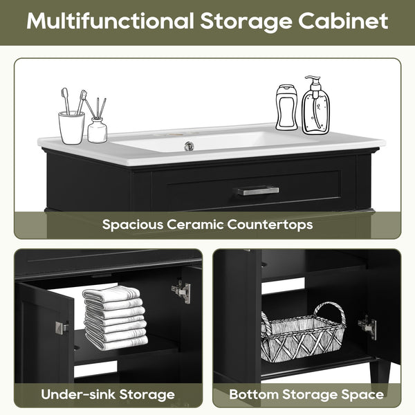 English Elm 30-inch bathroom vanity with ceramic basin, solid wood frame, soft-close doors and adjustable shelves for organized style and lasting durability Black N729P173380B