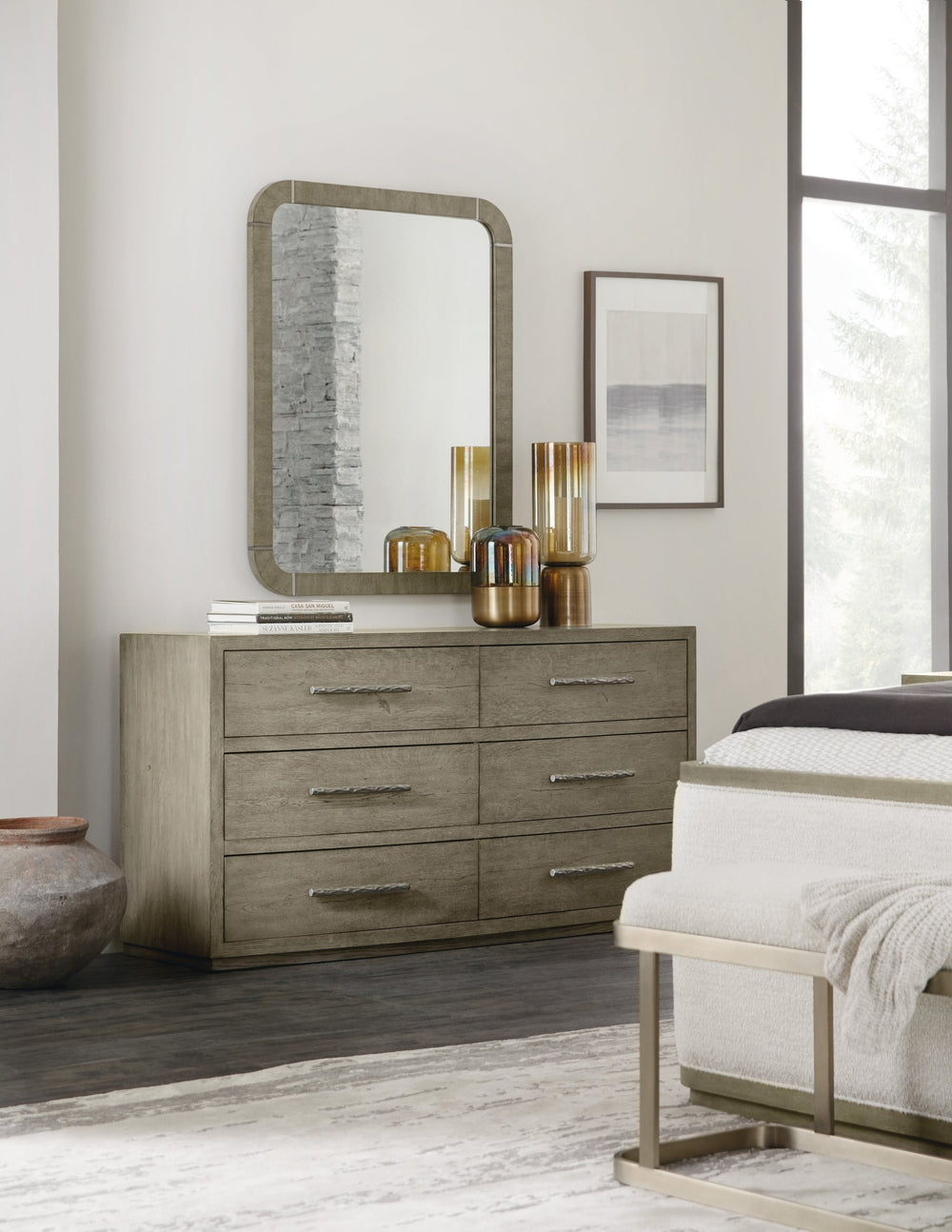 Hooker Furniture Linville Oak Veneer Wall Mirror with Smoked Gray and Charred Finish for Modern Interiors 6150-90006-85