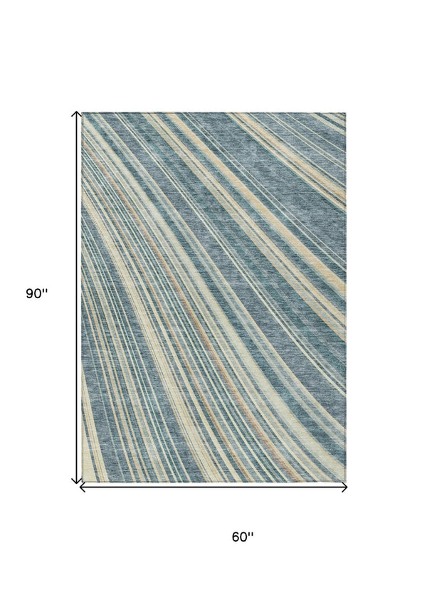 HomeRoots 5' Coastal-Inspired Sky Blue and Beige Striped Area Rug for Indoor and Outdoor Spaces, Washable & Durable 5' X 8' 615008