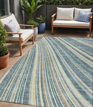 HomeRoots 5' Coastal-Inspired Sky Blue and Beige Striped Area Rug for Indoor and Outdoor Spaces, Washable & Durable 5' X 8' 615008