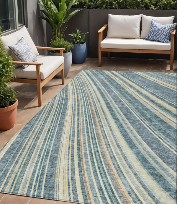 HomeRoots 5' Coastal-Inspired Sky Blue and Beige Striped Area Rug for Indoor and Outdoor Spaces, Washable & Durable 5' X 8' 615008