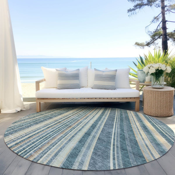 HomeRoots 5' Coastal-Inspired Sky Blue and Beige Striped Area Rug for Indoor and Outdoor Spaces, Washable & Durable 8' Round 615009