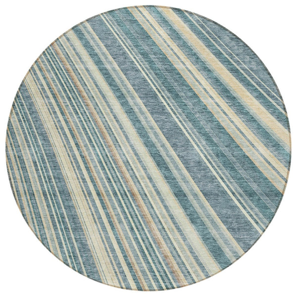 HomeRoots 5' Coastal-Inspired Sky Blue and Beige Striped Area Rug for Indoor and Outdoor Spaces, Washable & Durable 8' Round 615009