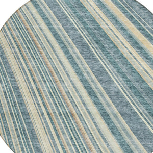 HomeRoots 5' Coastal-Inspired Sky Blue and Beige Striped Area Rug for Indoor and Outdoor Spaces, Washable & Durable 8' Round 615009