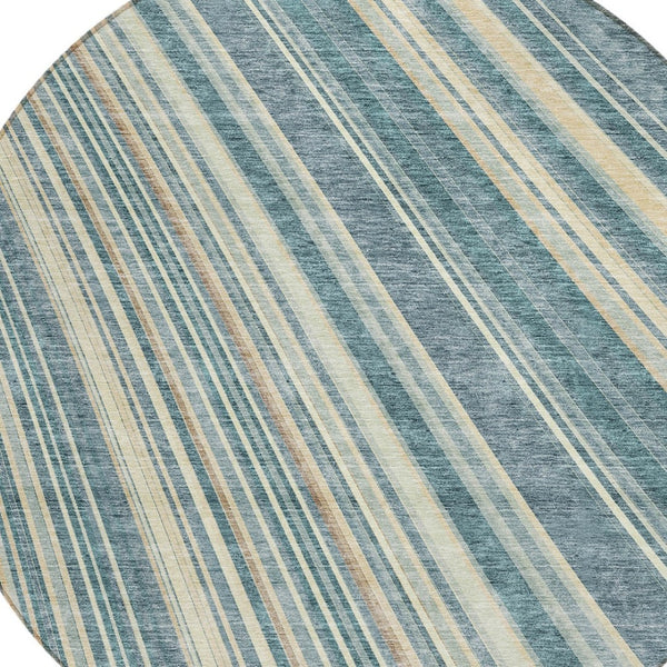 HomeRoots 5' Coastal-Inspired Sky Blue and Beige Striped Area Rug for Indoor and Outdoor Spaces, Washable & Durable 8' Round 615009