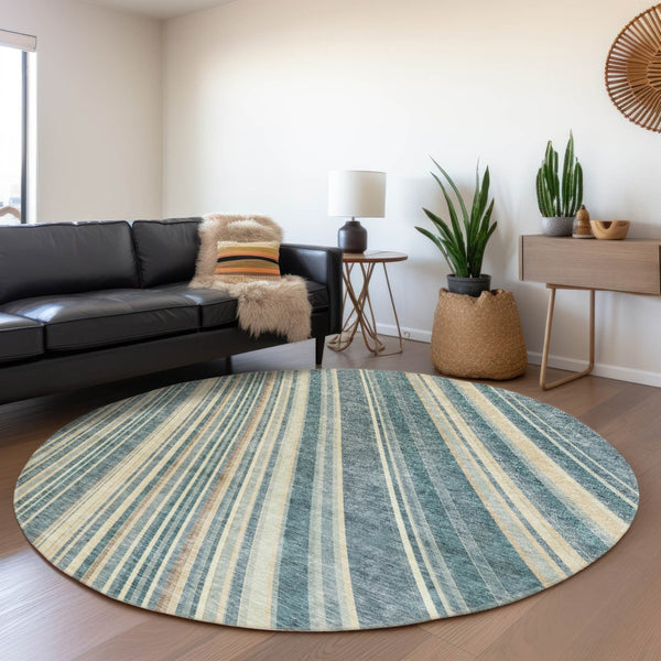 HomeRoots 5' Coastal-Inspired Sky Blue and Beige Striped Area Rug for Indoor and Outdoor Spaces, Washable & Durable 8' Round 615009