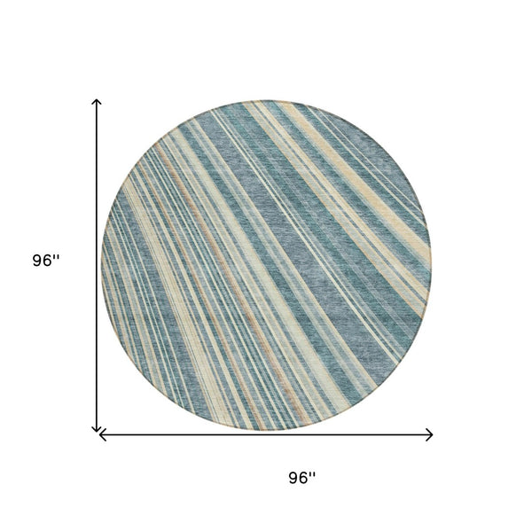 HomeRoots 5' Coastal-Inspired Sky Blue and Beige Striped Area Rug for Indoor and Outdoor Spaces, Washable & Durable 8' Round 615009