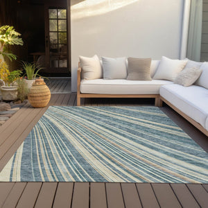 HomeRoots 5' Coastal-Inspired Sky Blue and Beige Striped Area Rug for Indoor and Outdoor Spaces, Washable & Durable 8' X 10' 615010