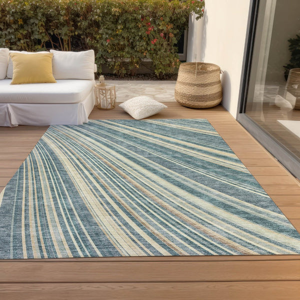 HomeRoots 5' Coastal-Inspired Sky Blue and Beige Striped Area Rug for Indoor and Outdoor Spaces, Washable & Durable 9' X 12' 615011
