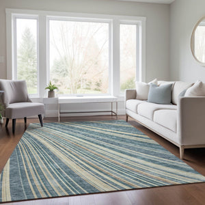 HomeRoots 5' Coastal-Inspired Sky Blue and Beige Striped Area Rug for Indoor and Outdoor Spaces, Washable & Durable 9' X 12' 615011