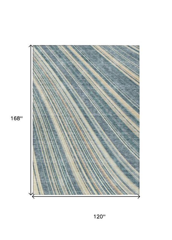 HomeRoots 5' Coastal-Inspired Sky Blue and Beige Striped Area Rug for Indoor and Outdoor Spaces, Washable & Durable 10' X 14' 615012