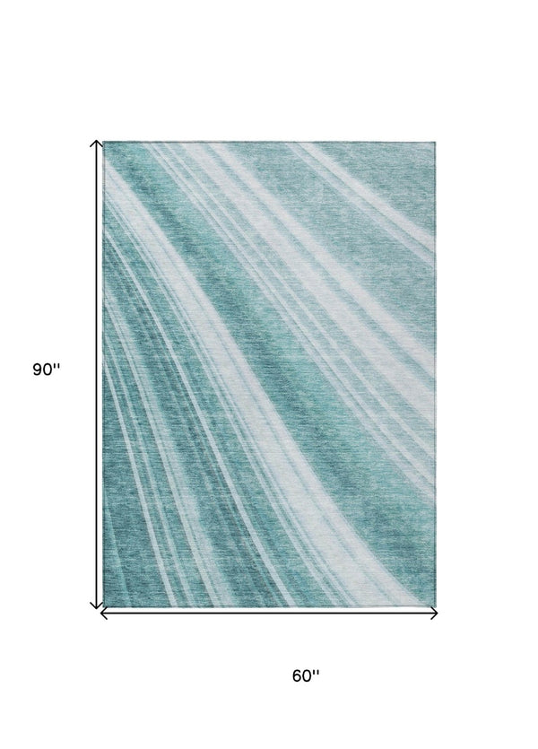HomeRoots 5' Striped Teal Blue Area Rug - Vibrant Coastal Design for Indoor/Outdoor Use, Machine Washable Durability 5' X 8' 615014