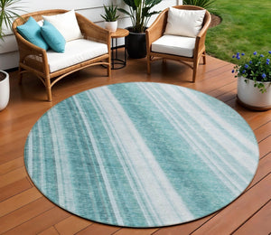 HomeRoots 5' Striped Teal Blue Area Rug - Vibrant Coastal Design for Indoor/Outdoor Use, Machine Washable Durability 8' Round 615015