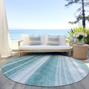 HomeRoots 5' Striped Teal Blue Area Rug - Vibrant Coastal Design for Indoor/Outdoor Use, Machine Washable Durability 8' Round 615015