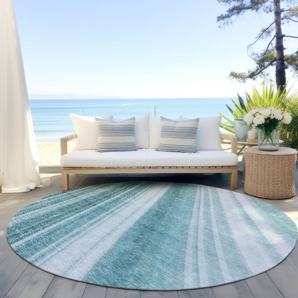HomeRoots 5' Striped Teal Blue Area Rug - Vibrant Coastal Design for Indoor/Outdoor Use, Machine Washable Durability 8' Round 615015