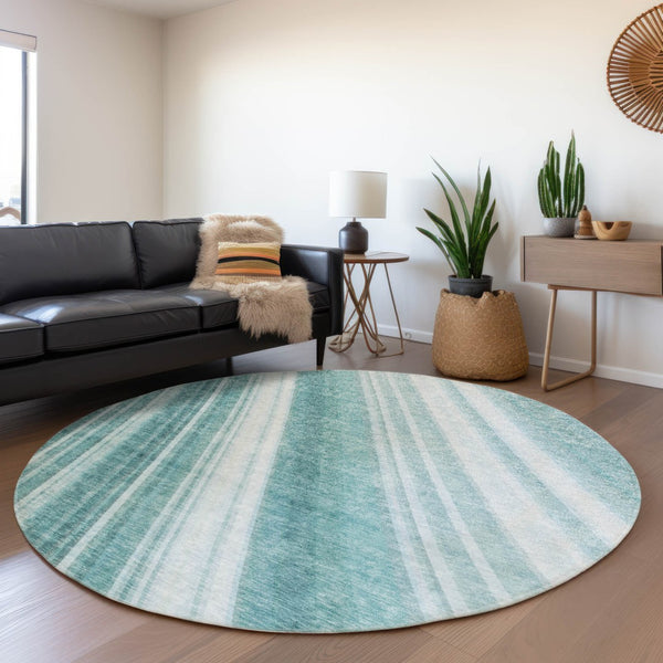 HomeRoots 5' Striped Teal Blue Area Rug - Vibrant Coastal Design for Indoor/Outdoor Use, Machine Washable Durability 8' Round 615015
