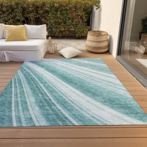 HomeRoots 5' Striped Teal Blue Area Rug - Vibrant Coastal Design for Indoor/Outdoor Use, Machine Washable Durability 8' X 10' 615016