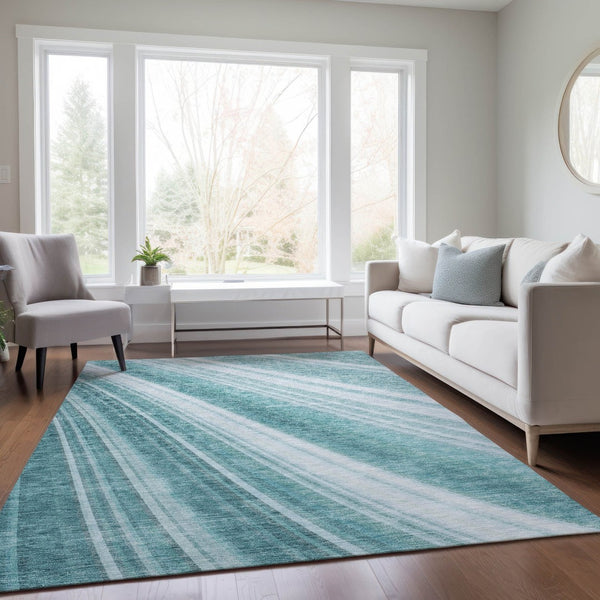 HomeRoots 5' Striped Teal Blue Area Rug - Vibrant Coastal Design for Indoor/Outdoor Use, Machine Washable Durability 8' X 10' 615016