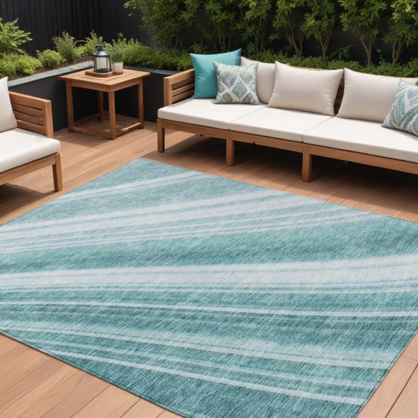HomeRoots 5' Striped Teal Blue Area Rug - Vibrant Coastal Design for Indoor/Outdoor Use, Machine Washable Durability 9' X 12' 615017