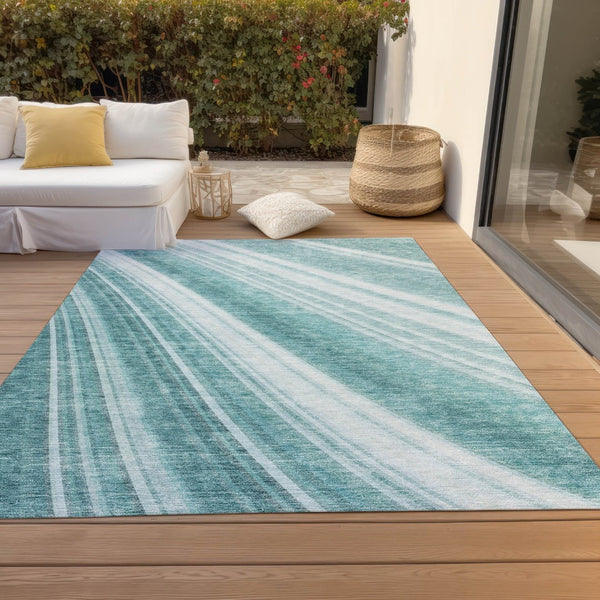 HomeRoots 5' Striped Teal Blue Area Rug - Vibrant Coastal Design for Indoor/Outdoor Use, Machine Washable Durability 9' X 12' 615017