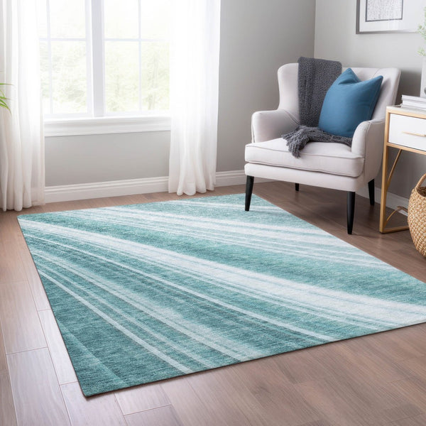 HomeRoots 5' Striped Teal Blue Area Rug - Vibrant Coastal Design for Indoor/Outdoor Use, Machine Washable Durability 9' X 12' 615017
