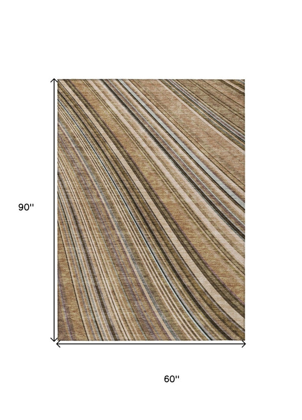 HomeRoots 5' Stylish Taupe Beige and Brown Striped Washable Area Rug for Indoor and Outdoor Versatility 5' X 8' 615020
