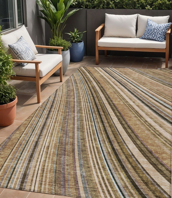 HomeRoots 5' Stylish Taupe Beige and Brown Striped Washable Area Rug for Indoor and Outdoor Versatility 5' X 8' 615020