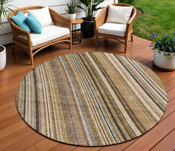 HomeRoots 5' Stylish Taupe Beige and Brown Striped Washable Area Rug for Indoor and Outdoor Versatility 8' Round 615021