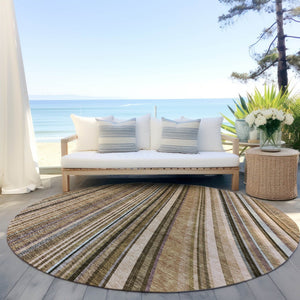 HomeRoots 5' Stylish Taupe Beige and Brown Striped Washable Area Rug for Indoor and Outdoor Versatility 8' Round 615021