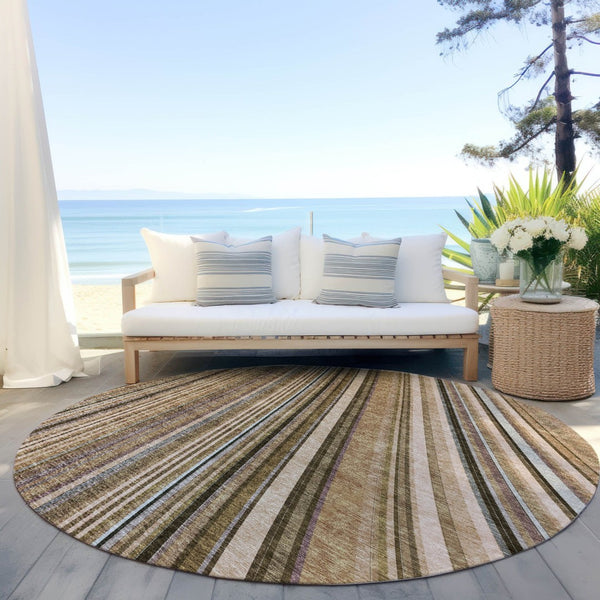 HomeRoots 5' Stylish Taupe Beige and Brown Striped Washable Area Rug for Indoor and Outdoor Versatility 8' Round 615021