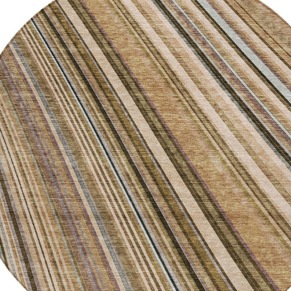 HomeRoots 5' Stylish Taupe Beige and Brown Striped Washable Area Rug for Indoor and Outdoor Versatility 8' Round 615021