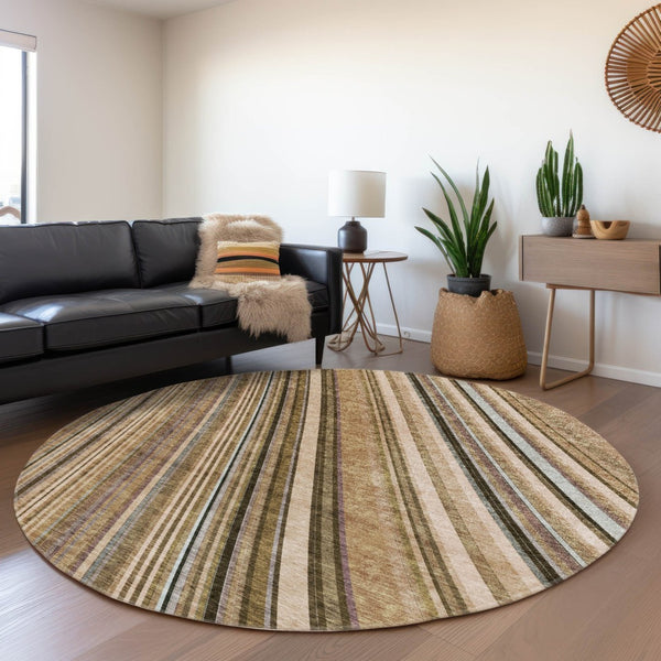 HomeRoots 5' Stylish Taupe Beige and Brown Striped Washable Area Rug for Indoor and Outdoor Versatility 8' Round 615021