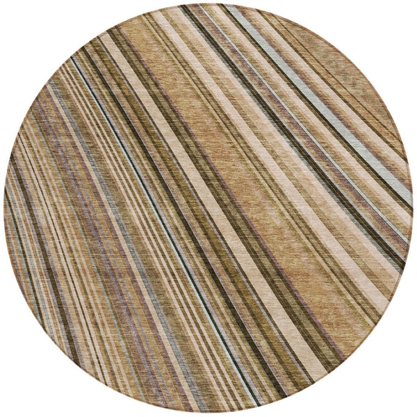 HomeRoots 5' Stylish Taupe Beige and Brown Striped Washable Area Rug for Indoor and Outdoor Versatility 8' Round 615021