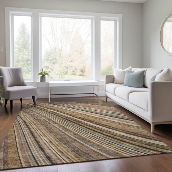 HomeRoots 5' Stylish Taupe Beige and Brown Striped Washable Area Rug for Indoor and Outdoor Versatility 8' X 10' 615022