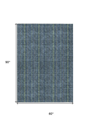 HomeRoots 5' Coastal Charm Striped Area Rug in Denim Blue & Mint Green - Durable, Washable for Indoor/Outdoor Use 5' X 8' 615038